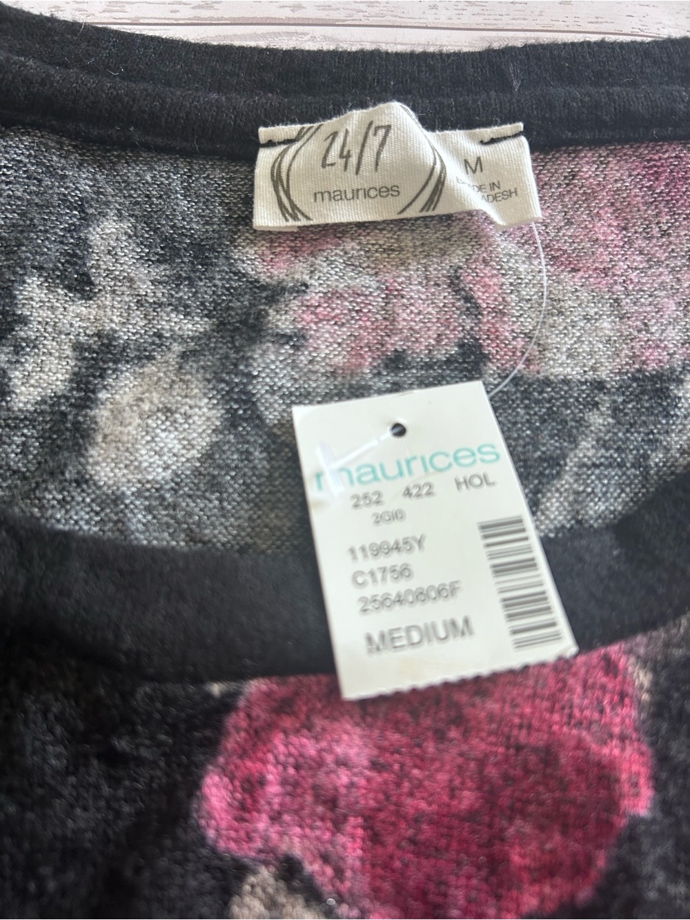 Maurices Black Floral Knit Top with Pink Accents